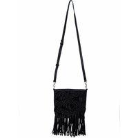 Crossbody Bucket Bag in Fringed Woven Leather