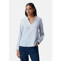 Striped V-Neck Blouse with Long Sleeves and Embroidery
