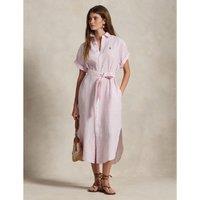 Striped Midi Shirt Dress in Linen with Short Sleeves
