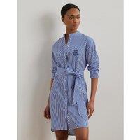 Striped Mini Shirt Dress with Mandarin Collar and Long Sleeves
