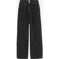 Wide Leg Jeans with High Waist and Rhinestones