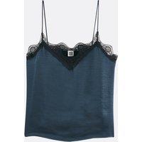 Satin V-Neck Cami with Lace Detail and Shoestring Straps