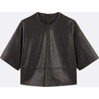 Faux Leather Blouse with Crew Neck and 3/4 Length Sleeves
