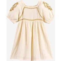 Embroidered Cotton Muslin Dress with Short Sleeves