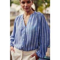 Blue Striped Draping Blouse with V-Neck and Long Sleeves