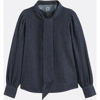 Denim Mandarin Collar Shirt with Detachable Pussy Bow