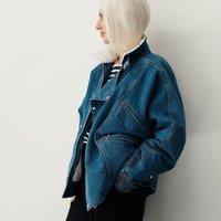 Short Biker Style Jacket in Washed Denim