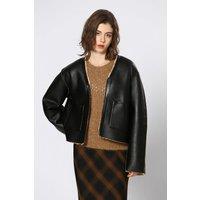 Faux Leather Zipped Jacket with Sherpa Lining