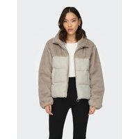 Short Padded Jacket in Teddy Faux Fur with Zip Fastening and High Neck