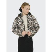 Hooded and Padded Jacket with Leopard Print