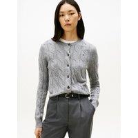 Wool Cable Knit Cardigan with Crew Neck