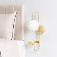 Curved Metal Wall Light with Shelf and Frosted Glass Globe Shade