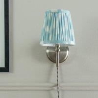 Brushed Chrome Plug In Wall Light with Blue Gathered Shade