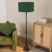 Black Wood Single Stem Triangle Floor Lamp with Fabric Drum Shade