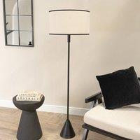 Black Wood Single Stem Triangle Floor Lamp with Linen Drum Shade