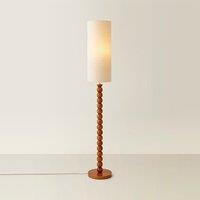 Walnut Wood Bobbin Table Lamp with Tall Linen Shade
