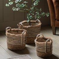 Set of 3 Brown Stripe Fringed Woven Baskets