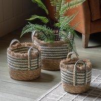 Set of 3 Ink Stripe Fringed Woven Baskets
