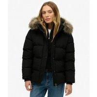 Short Padded Puffa Jacket with Hood in Imitation Fur