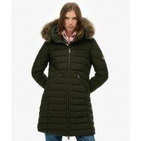 Mid-Length Padded Jacket with Hood in Synthetic Fur