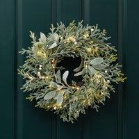 45cm Pre-lit Frosted Wreath with Lambs Ear