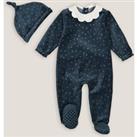 Star Print Velour Sleepsuit in Cotton Mix with Hat, Birth-3 Years