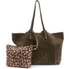 Suede Tote Bag with Leopard Print Pouch