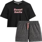 Cotton Short Pyjamas with Slogan/Leopard Print