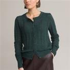 Fine Openwork Knit Cardigan with Crew Neck and Button Fastening