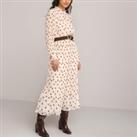 Pleated Midaxi Dress in Polka Dot Print with Ruffled Neck