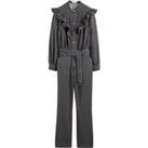 Cotton Ruffled Jumpsuit with Crew Neck and Long Sleeves, Length 28.5"