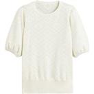 Cotton Pointelle Knit Jumper with Short Puff Sleeves and Crew Neck