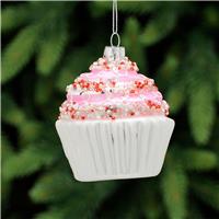 Festive Cupcake Glass Hanging Tree Decoration, White & Pink