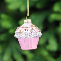Festive Cupcake Glass Hanging Tree Decoration, Pink & White