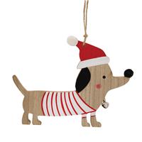 Festive Wooden Dachshund Hanging Tree Decoration, Brown