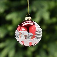 Festive Forest Scene Glass Bauble, Red