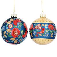 Gisela Graham Folk Art Floral Glass Bauble, Gold & Blue