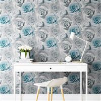Muriva Madison Rose Floral Bloom Wallpaper, Blue