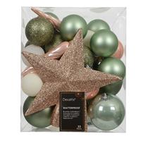 Kaemingk Shatterproof Bauble & Star Tree Topper Set, Green & Pearl