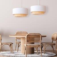 Duolla Boho pendant light, 2-bulb, textile, cream white/rattan
