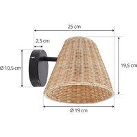 Lindby wall light Zyralia, wood-coloured, rattan, 19.5 cm high