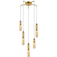 Lucande Freylin pendant light, 5-bulb, amber, glass, 48 cm