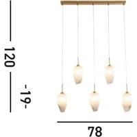 Searchlight Rocky pendant light, 5-bulb, long, brass-coloured, steel, glass