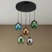 Globo Minara LED pendant light, 5-bulb, 43 cm, multicoloured, glass