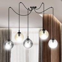 EMIBIG LIGHTING Glassy pendant light, 5-bulb, black, graphite/amber/clear, E14