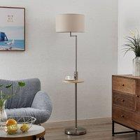 Lindby Zinia floor lamp, nickel-coloured, shelf, USB port