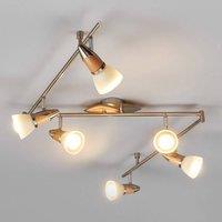 Lindby Marena ceiling light, 6-bulb, glass, wood, 180 cm long