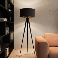 Lindby Benik floor lamp, tripod, textile, black, gold-coloured