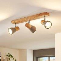 Lindby Filiz spotlight, 3-bulb, 47 cm long, wood, concrete, E14