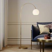 Lindby Cynthia arc lamp, brass-coloured, glass, 140 cm, E27
